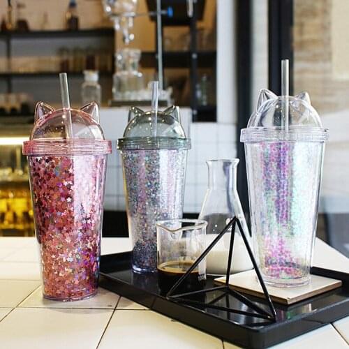OAPE 420ML New Year 2021 Christmas Cat Ear Flash Piece Gift Department Store Double Cup Creative Plastic Straw Water Bottle