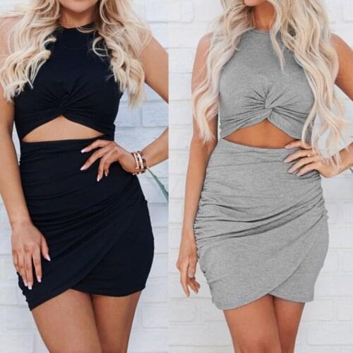 Twist cut out slim mini dress sleeveless bodycon fashion hollow out dresses 2021 new summer solid open navel party sexy dress