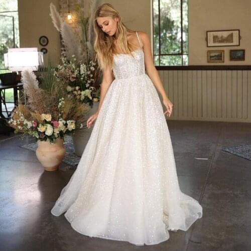 Eightree Spaghetti Straps Wedding Dresses Sexy Silver Glitter Bridal Dress A-Line Backless Princess Wedding Gowns Custom Made