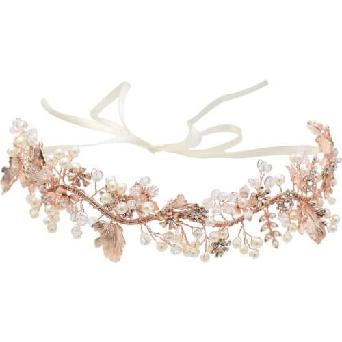Unique Rose Gold Rhinestone Blossoms Beaded Headband Pearl Crystal Wedding Hairpiece Bridal Hair Vine Accessories Tiara Jewelry