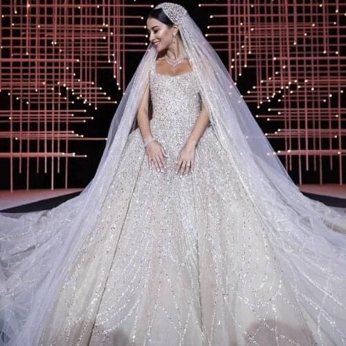Luxury Designer Celebrity Wedding Dresses Beaded Square Neck Extra Puffy Organza Plus Size Bridal Wedding Gowns With Train