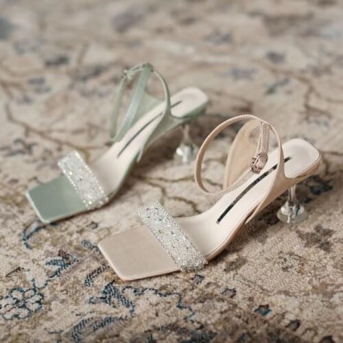 Crystal Transparent band modern sandals women pumps summer shoes woman square toe clear glass high heels sandalias mujer 2021