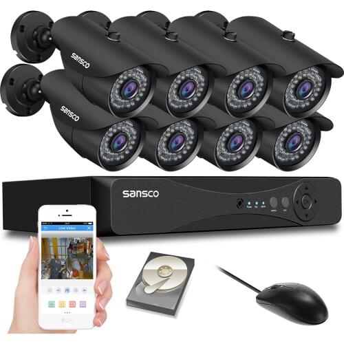 SANSCO 8CH CCTV System AHD 2MP HDMI DVR Security Camera Kit Home Outdoor IR-CUT Video Surveillance Recorder with 1TB Hard Drive