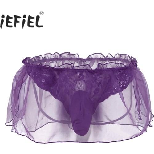 IEFiEL Sexy Gay Men Lingerie Panties Lace Flower Organza String Homme Open Butt Underwear Underpants Jockstrap with Bulge Pouch