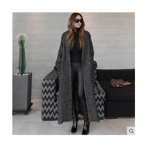 2020 Autumn and Winter Wool Trench Coat for Women Casual Loose Striped Long Vintage Black Coat S-XL