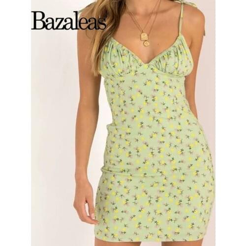 Bazaleas Slim Floral Print Green vestido Fashion spaghetti strap mini dresses Cute Tank summer Dress