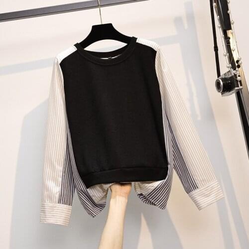 Striped Stitch Black Long Sleeved Plus Size Korean Autumn Elegant Fashion Blouses And Tops WomenS Oversize T-Shirt Clothes 2021
