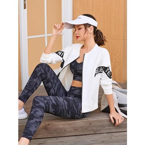 Plus velvet sports jacket female trend printing new fitness sweater long-sleeved handsome yoga clothes jacket outer wear autumn