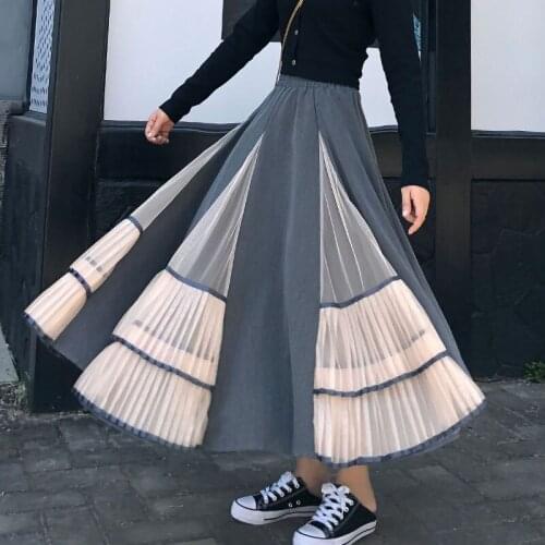 2021 New Vintage Pleated Mesh Patchwork Skirt Women Spring Summer Korean Fashion High Waist Puffy Skirts