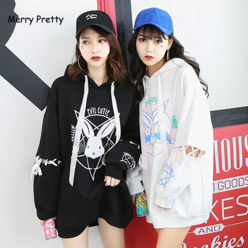 Merry Pretty Harajuku Cute Lolita Women Tumblr Sweatshirt Rabbit Pentacle Print Lace Up Hoodies Loose Tracksuit Pullover Female