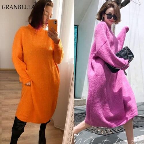 Loose Knitted A-line Sweater Dress Fashion Candy Color Womens Knitted Dresses Autumn Wild Female Pullover Sweaters