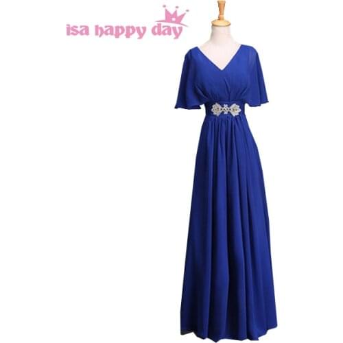 2020 modest blue floor length v neck fashion ladies elegant dress cap sleeve women formal bridesmaid dresses for guests H3129