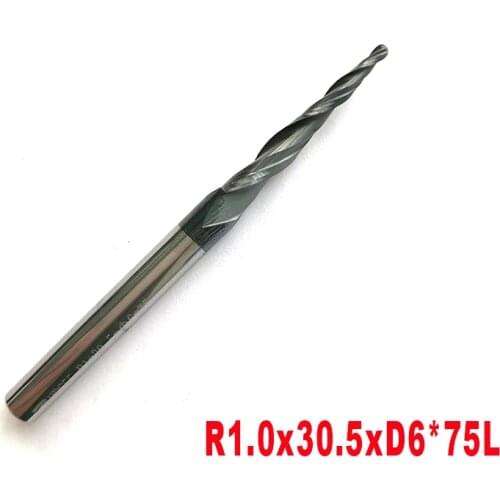 1pc-R1.0*D6*30.5*75L*2F HRC55 Tungsten solid carbide Taper Ball Nose EndMill cone milling cutter cnc router bit wood carving