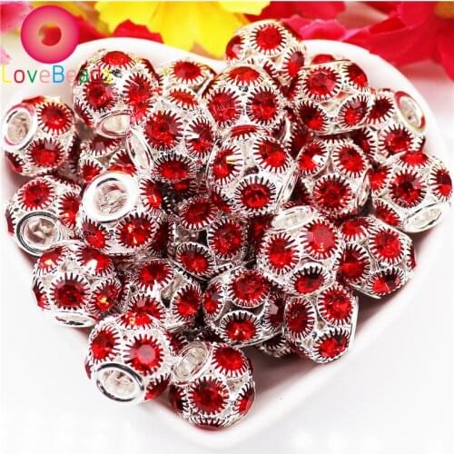 10Pcs Red Color CZ Rhinestone Crystal Glass Disco Ball Large Hole Spacer Beads Fit Pandora Charms Bracelet Necklace DIY Jewelry