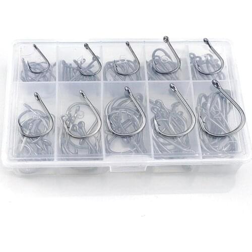 100pcs/box Fish Hook High Carbon Steel Barbed 3#-12# 10 Series In Fly Fishing Hook Worm Pond Fishing Bait Holder Jig Hole Pesca
