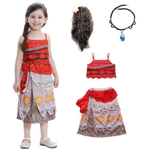 2021 Girls Summer Dress Child Halloween Cosplay Princess Dress Moana Costume Kids Vaiana Party Christmas Dress with Necklace Wig