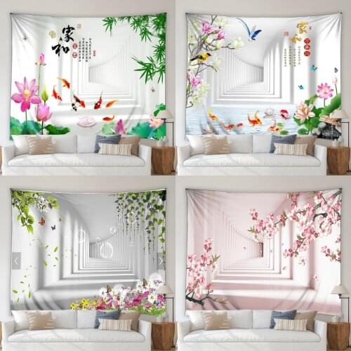 3D Tapestry Color Flower Lotus Green Leaves Bamboo Plant Zen Stone Goldfish Butterfly Living Room Bedroom Wall Hanging Blanket