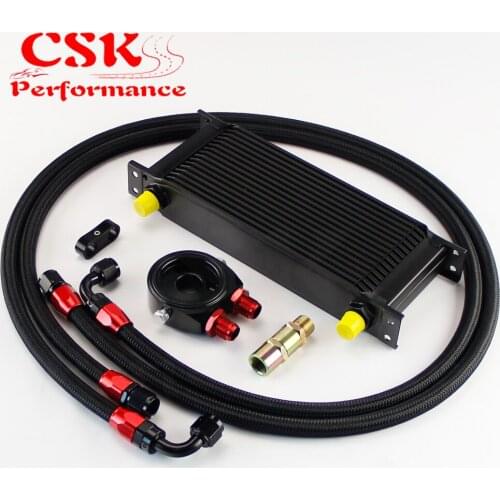AN8 16 Row 248mm Universal Engine Transmission Oil Cooler British Type + Aluminum Filter Hose End Kit Black/Blue