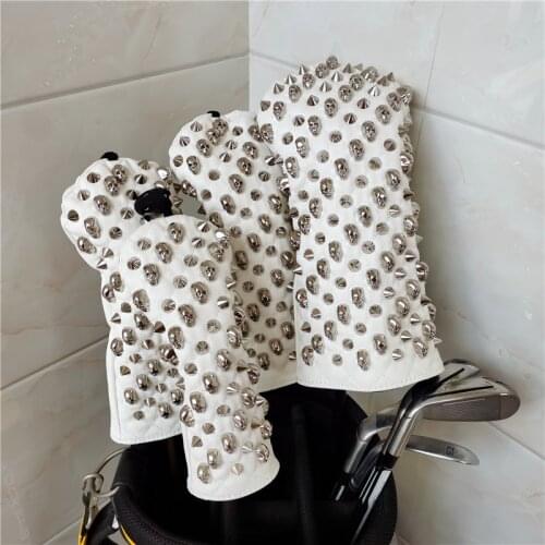 WHITE SKULL NAILS golf driver headcover WHITE PU leather golf club fw ut woods putter cover for man women