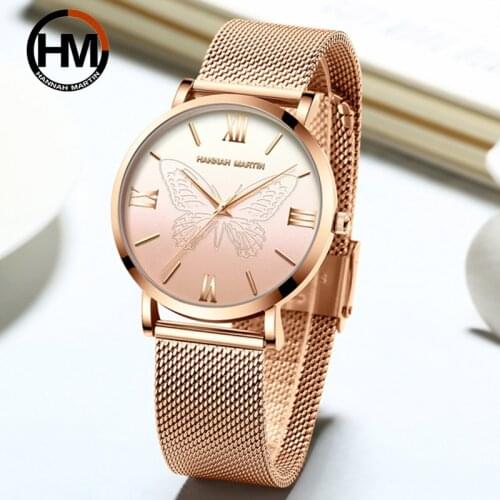 Hannah Martin Full Rose Gold Watch Japan Quartz Creative Design Waterproof Stainless Steel Mesh Ladies Watches Relogio Feminino