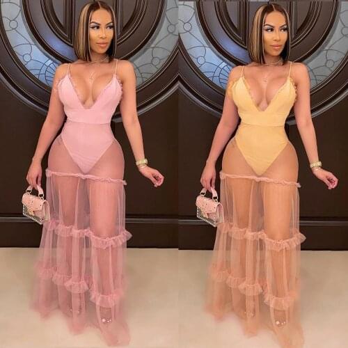 Echoine Woman Mesh Dress Spaghetti Strap Backless See Through Loose Maxi Dress Undefined Outfits Night Club Party Outfits