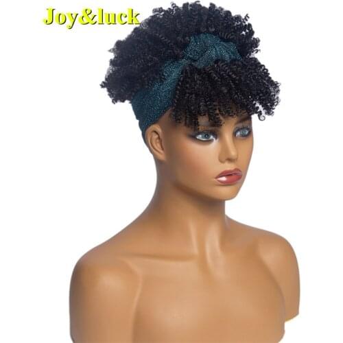 Joy&luck Headband Wig African Women Turban Wig Synthetic Culry Head Wig Blue Wrap and Wig Linked Together Headband Wigs