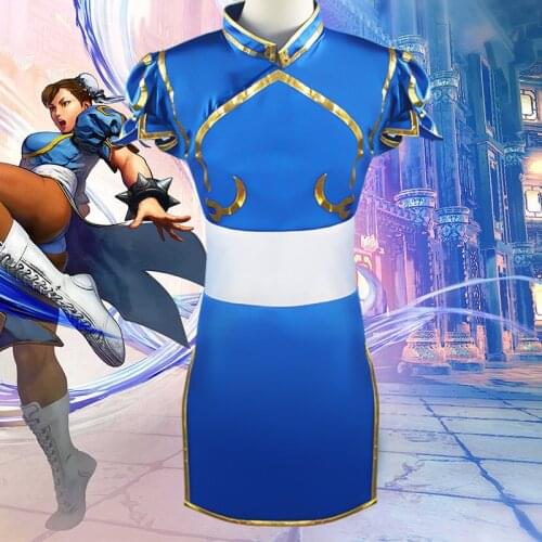 Game Street Fighter Chun-Li Cosplay Costume Chun Li Wig and Bracelet Accessories Woman and Girl Battle Dress Halloween Costume
