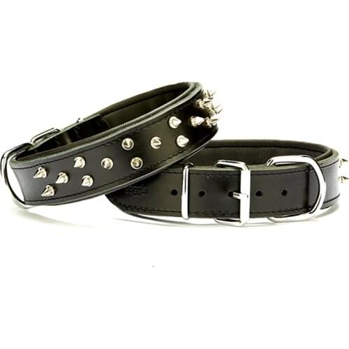 Handmade Studded Leather Neck Collar, 4x47-55 cm, spiked Dog collar Double Layer Genuine Leather Solid Shielded Leash