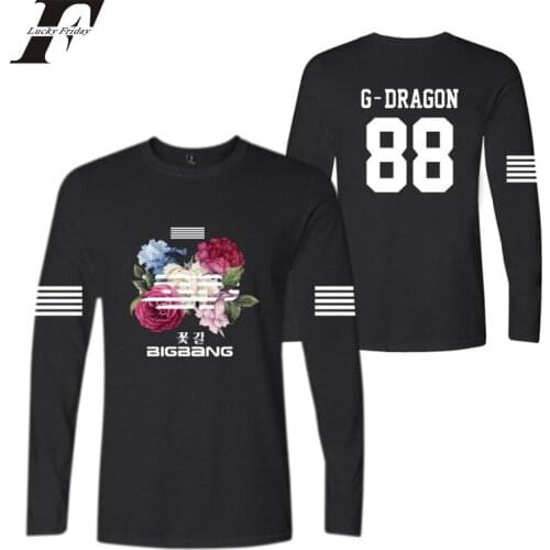 LUCKYFRIDAYF BIGBANG kpop fashion flower printed hip hop round neck women men t shirts casual tee shirt long sleeve t-shirt tops