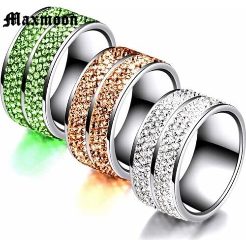 Maxmoon 3 Color 2 Line Crystal Fashion Jewelry Ring Wholesale Fashion Stainless Steel Ring for women