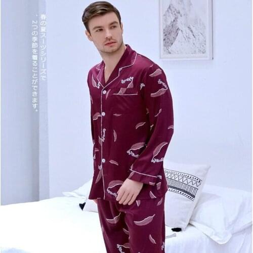 Mens New Style Sleepwear with Long Sleeves Ice Silk Satin Suit Youth Leisure Nightgown Plus Size All Seasons Home Clothes J021