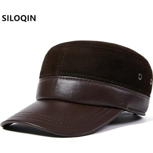 SILOQIN natural sheepskin leather army Military Hats winter mens genuine leather cap men flat caps new trend brands leather cap