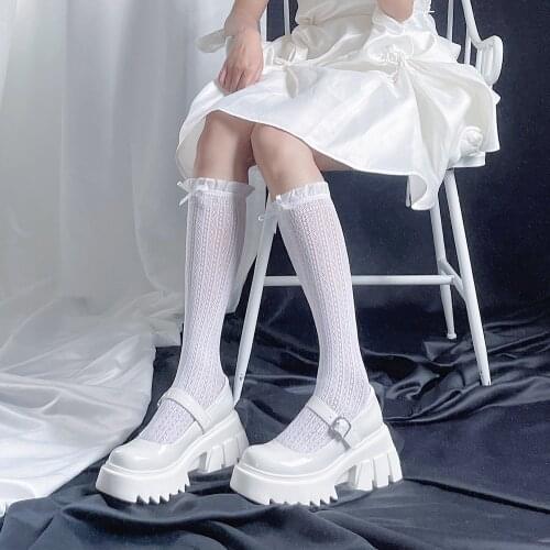 Lolita Bow Lace Socks Women Transparent High Knee Socks Female Thin Long Socks Leg Girls Dress White Black Calcetine Medias