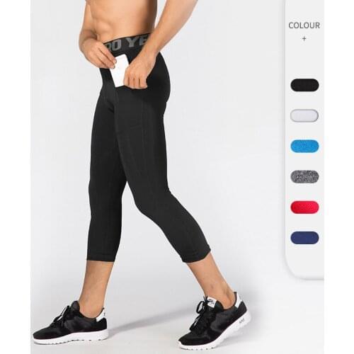 2021 New Mens Fitness Cropped Trousers with Pockets, Sports Training, Running Quick-drying Pants, High Elastic Leggings