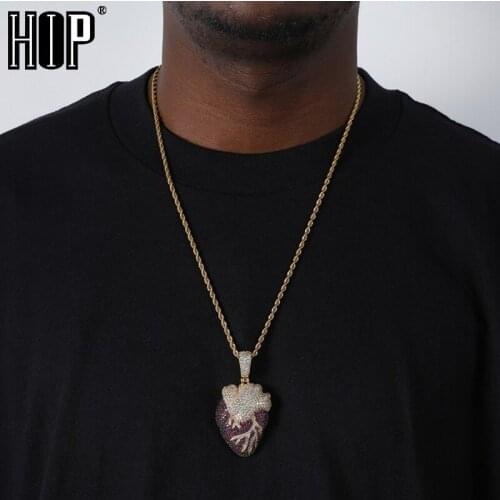 Hip Hop Heart Bling Cubic Zirconia Stones Necklaces & Pendants For Men Rapper Jewelry With Solid Back