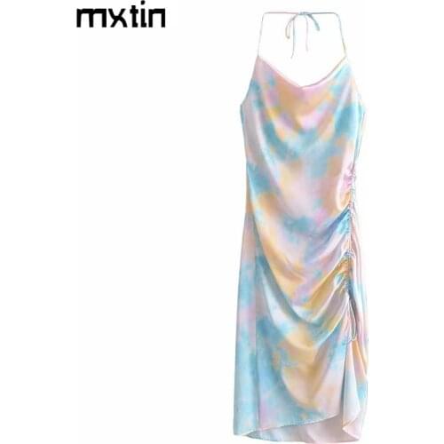 MXTIN 2021 Women Summer Fashion Tie Dye Bow Tied Straps Midi Dress Vintage Sleeveless Backless Folds Female Party Dresses Mujer