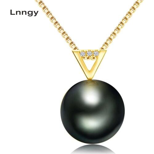 Lnngy 18K Gold Black Pearl Real Diamond Pendant Hollow Triangle Natural Tahitian Bead Pendant with Box Silver Necklace(Gift)
