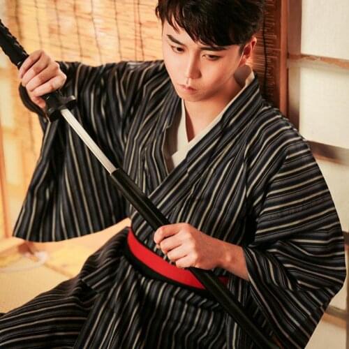 Japanese Traditional Kimono Male Samurai Formal Kendo Black Stripe Cosplay Costume Bathrobe Novelty Men Yukata Gown