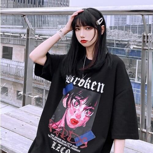 Harajuku Short Sleeve Plus Size Women T-Shirts Black Vintage Dropshipping Anime Cartoon Punk Gothic Clothes Cotton Y2K Kpop Tops