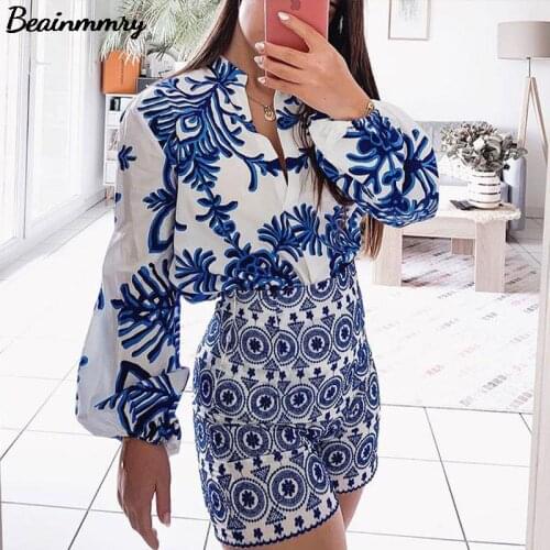 Za Women 2021 Spring Autumn Vintage Blue Totem Floral Print Smock Blouse Female V Neck Lantern Sleeve Casual Blusas Shirt Tops