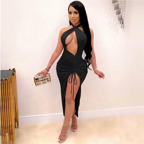 Women Sexy Club Midi Dress Cross Halter Neck Cut Out Ruched Drawstring Open Split Hem Dress Summer Casual Beach Party Dress