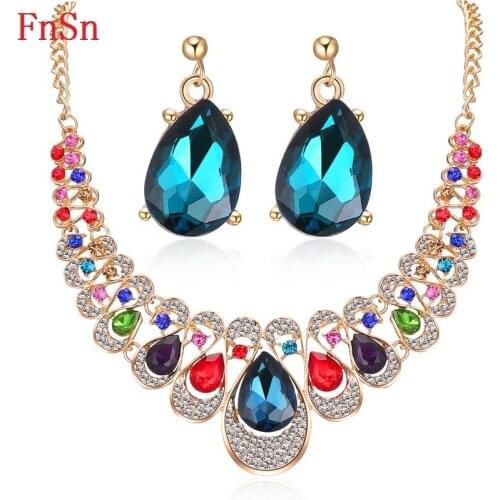 FnSn New Fashion Necklace Colorful Crystal Earrings Wedding Party Water Drop Necklace Earring Jewelry Sets Gift Women S135
