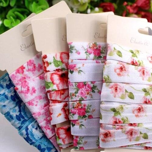 5/8" Heat transfer printed floral flower FOE fold over elastic for hair ties 10yards/lot/design