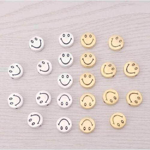 50 x Tibetan Silver/Gold Round Smile Face Spacer Beads Double Sided for Bracelet Jewelry Making 10mm