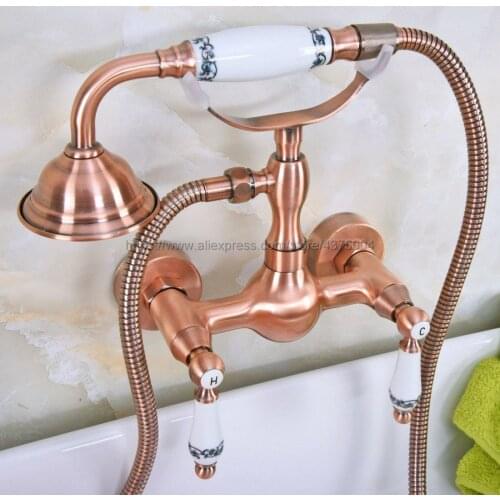 Antique Red Copper Bathroom Rainfall Hand Shower Faucet Set Mixer Tap With Hand Sprayer Wall Mounted Nna307