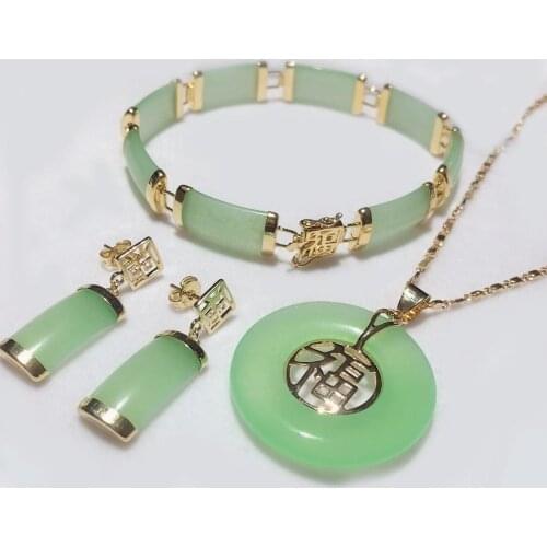 Noble light green Natural Stone bracelet7.5", square earings, and pendant for Christmas and valentines day gift