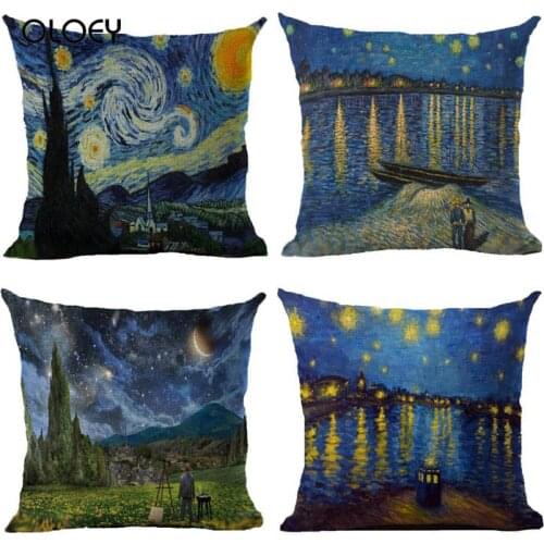 Van Gogh Oil Painting Style Cotton and Linen Cushion Cover Home Hotel Car Decoration Pillow Case Soft and Comfortable 45x45cm