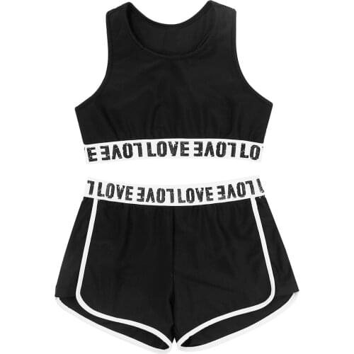 Kids Girls Athletic Outfit Letter Printed Gymnastics Sleeveless Racer Back Tanks Crop Top with Bottoms Set for Ballet Dancewear