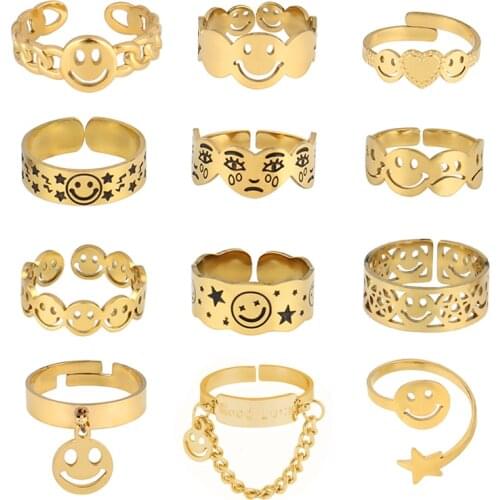 Punk Stainless Steel Ring Happy Smiling Face Open Rings For Women Chain Ring Adjustable Ring Ring Geometric Rings Jewelry Gifts