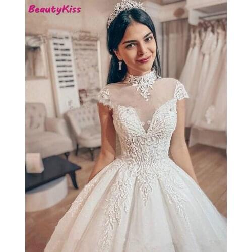 Cinderella Ivory Lace Ball Gown Wedding Dresses Sweep Train High Neck Puffy Tulle Country Wedding gowns Open Back custom made